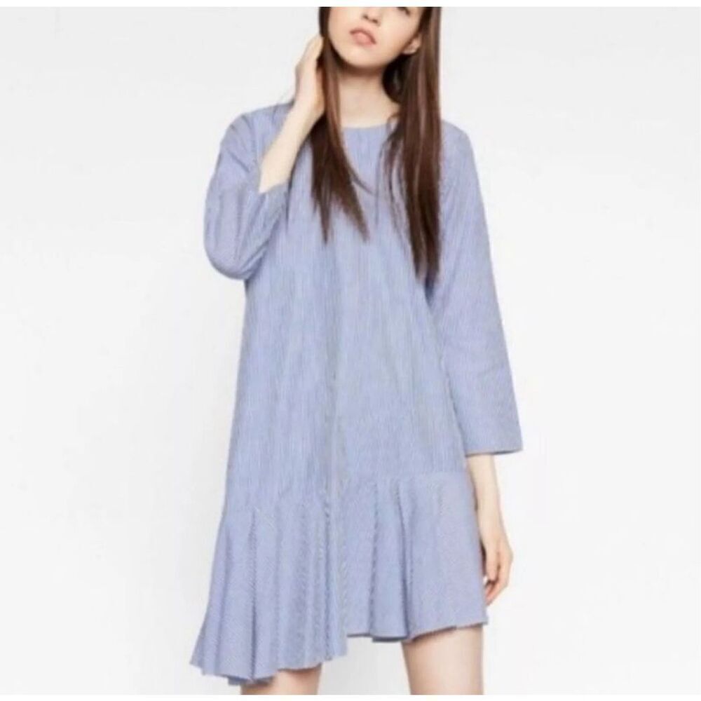 Zara Asymmetric Ruffle Hem Striped Dress Blue White Size XL
